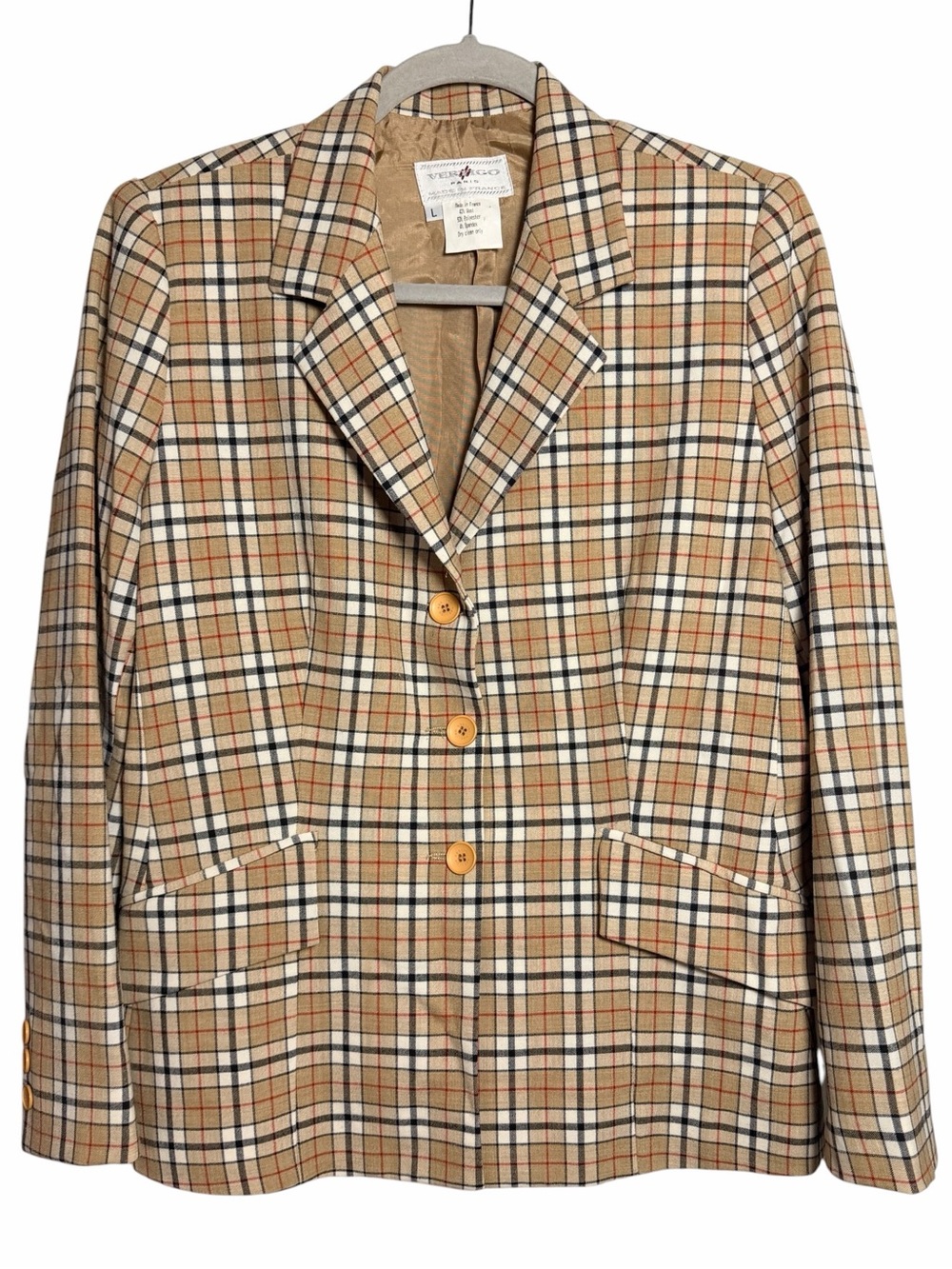 Vintage Vertigo Paris France Plaid Wool Blend Blazer Jacket L Made in France